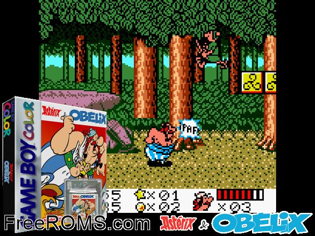 Obelix Gameboy Color game showing 3D box cover and gameplay screenshot