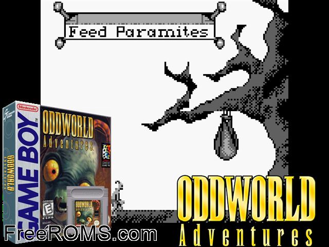Oddworld Adventures Gameboy Color game showing 3D box cover and gameplay screenshot