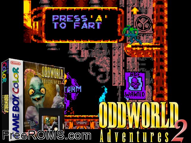 Oddworld Adventures Ii Gameboy Color game showing 3D box cover and gameplay screenshot