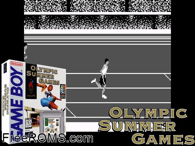 Olympic Summer Games Gameboy Color game showing 3D box cover and gameplay screenshot