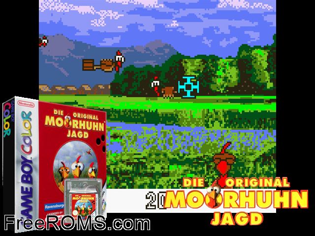 Original Moorhuhn Jagd, Die (Germany) Gameboy Color game showing 3D box cover and gameplay screenshot