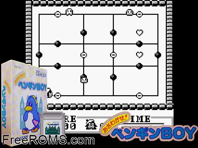 Osawagase Penguin Boy (Japan) Gameboy Color game showing 3D box cover and gameplay screenshot