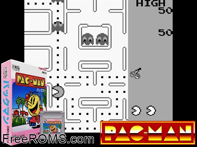 Pac-Man (Japan) Gameboy Color game showing 3D box cover and gameplay screenshot