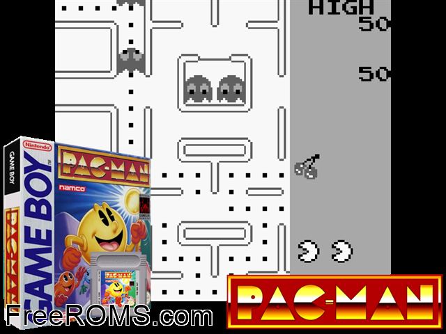 Pac-Man (Namco) Gameboy Color game showing 3D box cover and gameplay screenshot