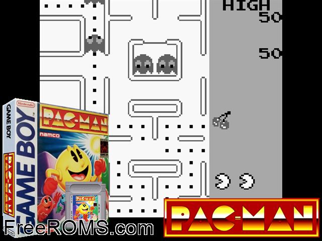 Pac-Man (Namco Hometek) Gameboy Color game showing 3D box cover and gameplay screenshot