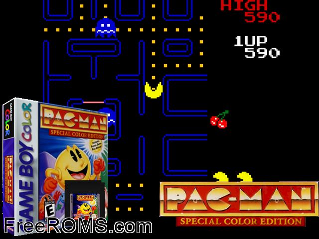 Pac-Man Special Color Edition Gameboy Color game showing 3D box cover and gameplay screenshot
