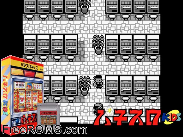 Pachi-Slot Kids (Japan) Gameboy Color game showing 3D box cover and gameplay screenshot