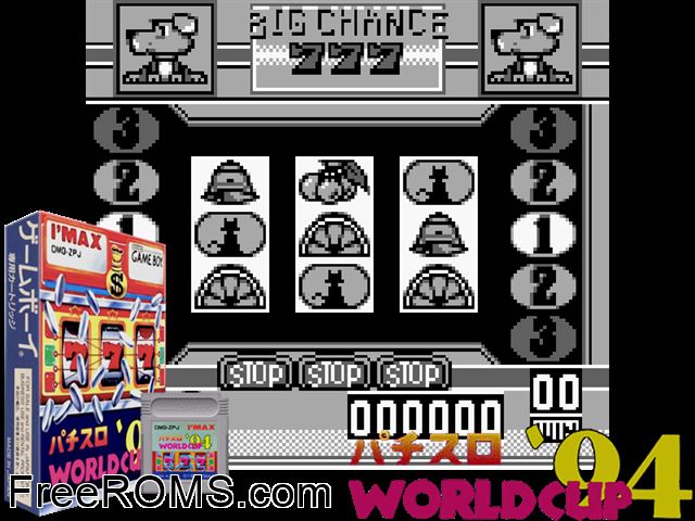 Pachi-Slot World Cup 94 (Japan) Gameboy Color game showing 3D box cover and gameplay screenshot