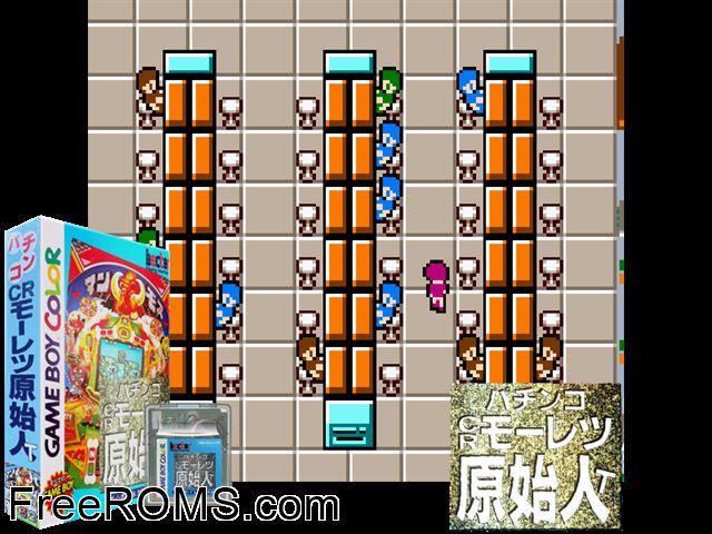 Pachinko Cr Mouretsu Genshijin T (Japan) Gameboy Color game showing 3D box cover and gameplay screenshot
