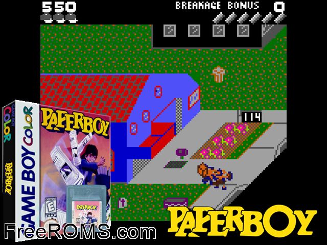 Paperboy Gameboy Color game showing 3D box cover and gameplay screenshot
