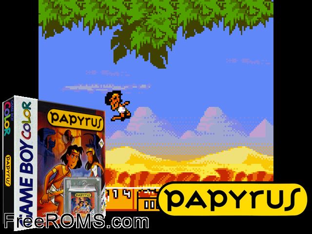 Papyrus Gameboy Color game showing 3D box cover and gameplay screenshot