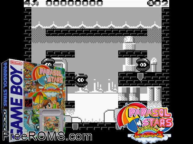 Parasol Stars Gameboy Color game showing 3D box cover and gameplay screenshot