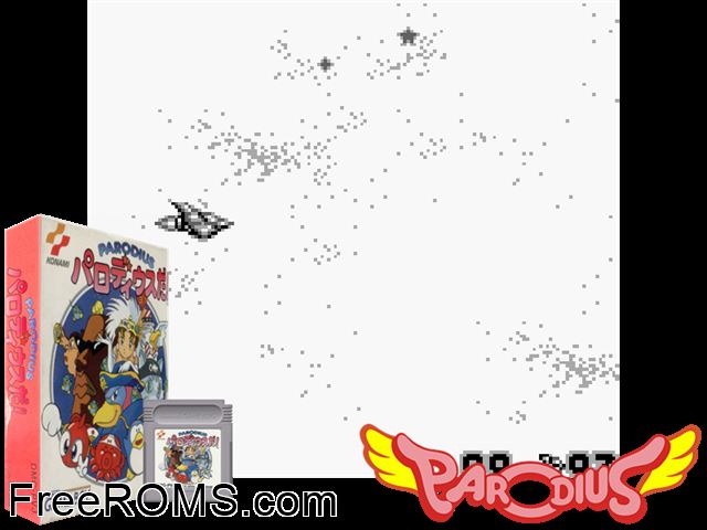 Parodius Gameboy Color game showing 3D box cover and gameplay screenshot