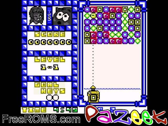 Pazeek By Skyrank Games (Public Domain) Gameboy Color game showing 3D box cover and gameplay screenshot