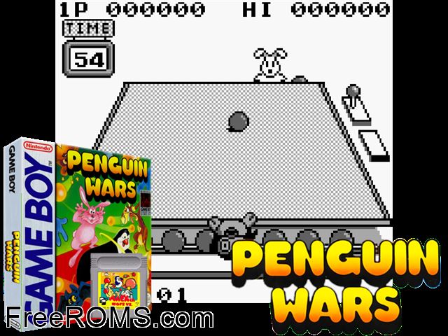 Penguin Wars Gameboy Color game showing 3D box cover and gameplay screenshot