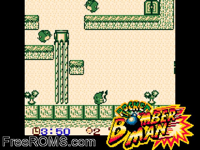 Pikabomber V1.10 (Pocket Bomberman Hack) Gameboy Color game showing 3D box cover and gameplay screenshot