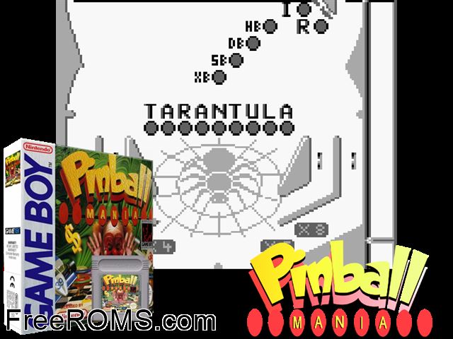 Pinball Mania Gameboy Color game showing 3D box cover and gameplay screenshot