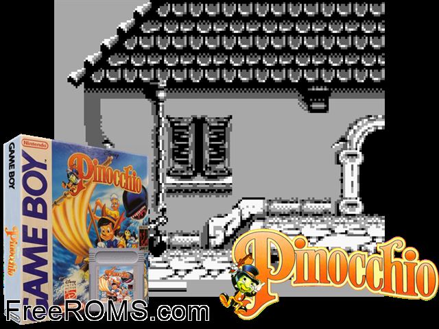 Pinocchio (1996) Gameboy Color game showing 3D box cover and gameplay screenshot