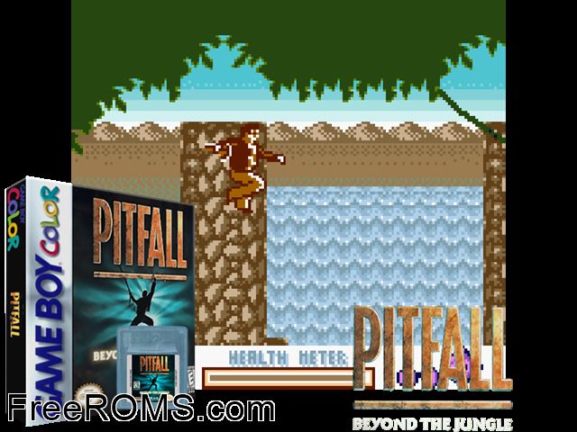 Pitfall - Beyond The Jungle Gameboy Color game showing 3D box cover and gameplay screenshot