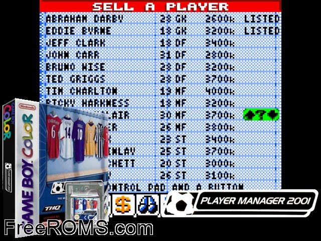 Player Manager 2001 Gameboy Color game showing 3D box cover and gameplay screenshot