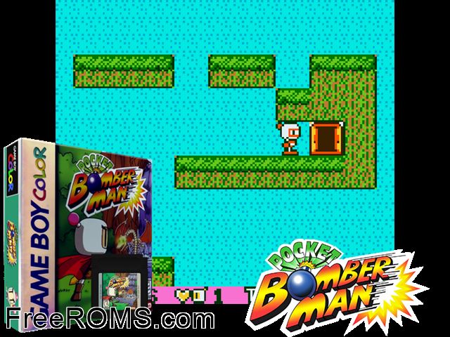 Pocket Bomberman Gameboy Color game showing 3D box cover and gameplay screenshot