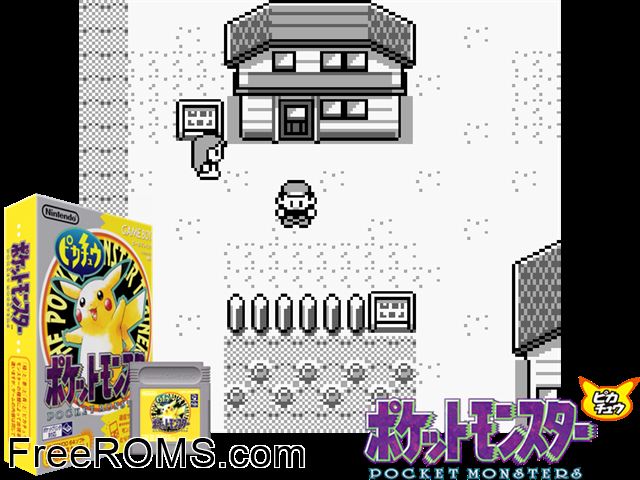Pocket Monsters Yellow Gameboy Color game showing 3D box cover and gameplay screenshot