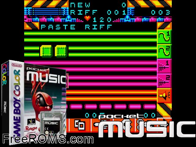 Pocket Music Gameboy Color game showing 3D box cover and gameplay screenshot