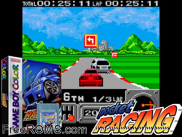 Pocket Racing Gameboy Color game showing 3D box cover and gameplay screenshot
