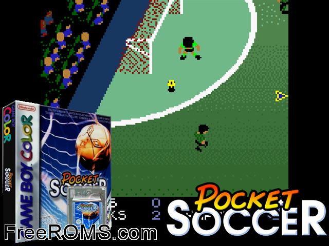 Pocket Soccer Gameboy Color game showing 3D box cover and gameplay screenshot