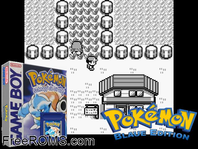 Pokemon: Blaue Edition (Germany) Gameboy Color game showing 3D box cover and gameplay screenshot