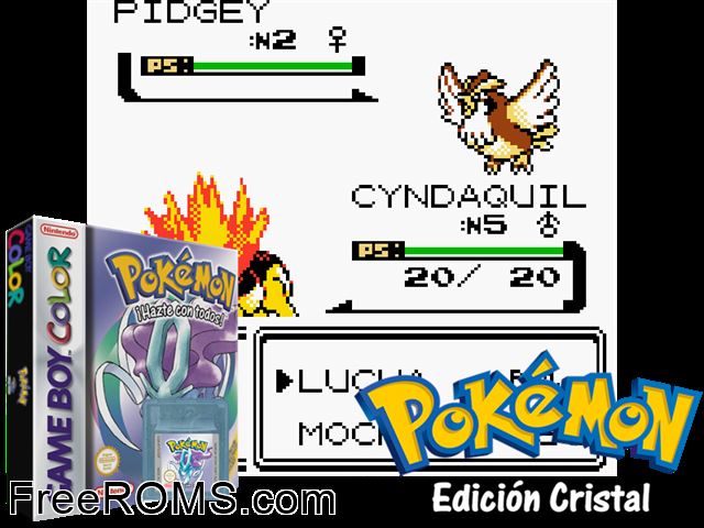Pokemon: Edicion Cristal (Spain) Gameboy Color game showing 3D box cover and gameplay screenshot