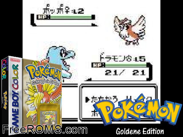 Pokemon: Goldene Edition (Germany) Gameboy Color game showing 3D box cover and gameplay screenshot
