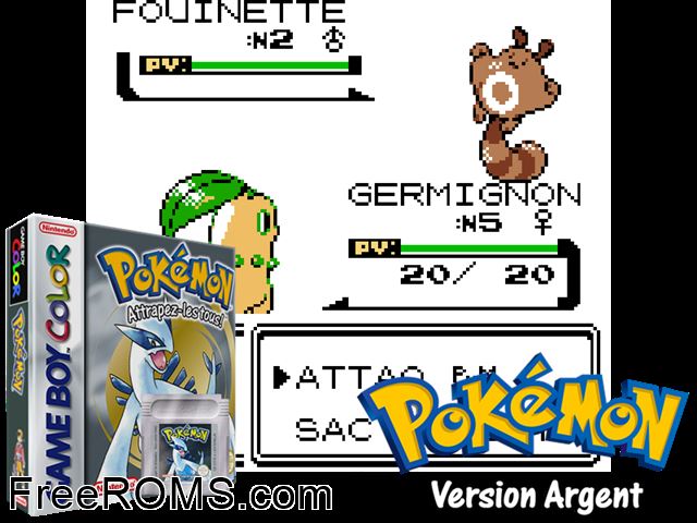 Pokemon: Version Argent (France) Gameboy Color game showing 3D box cover and gameplay screenshot
