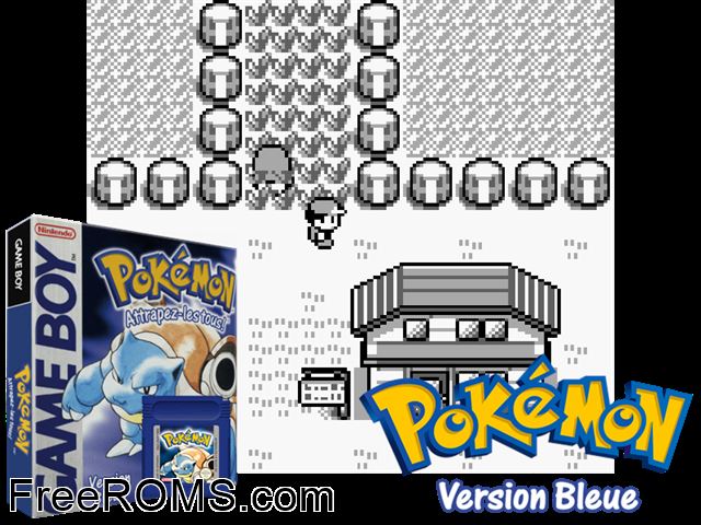 Pokemon: Version Bleue (France) Gameboy Color game showing 3D box cover and gameplay screenshot