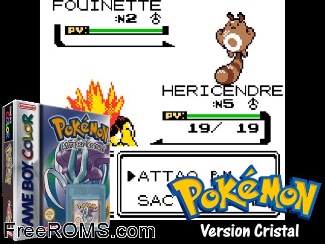 Pokemon: Version Cristal (France) Gameboy Color game showing 3D box cover and gameplay screenshot