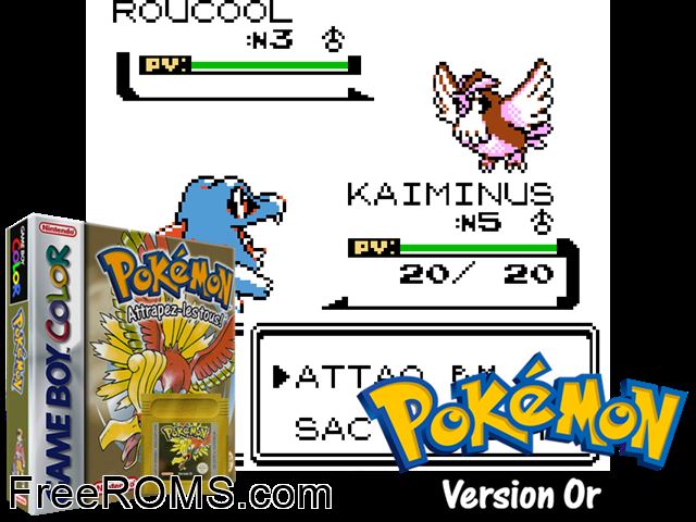Pokemon: Version Or (France) Gameboy Color game showing 3D box cover and gameplay screenshot