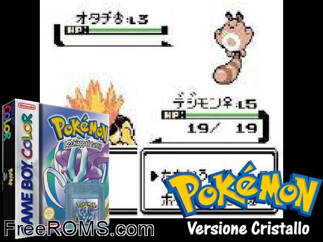 Pokemon: Versione Cristallo (Italy) Gameboy Color game showing 3D box cover and gameplay screenshot