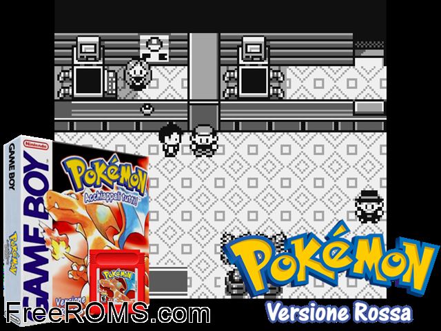 Pokemon: Versione Rossa (Italy) Gameboy Color game showing 3D box cover and gameplay screenshot