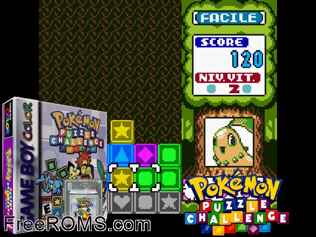 Pokemon Puzzle Challenge Gameboy Color game showing 3D box cover and gameplay screenshot