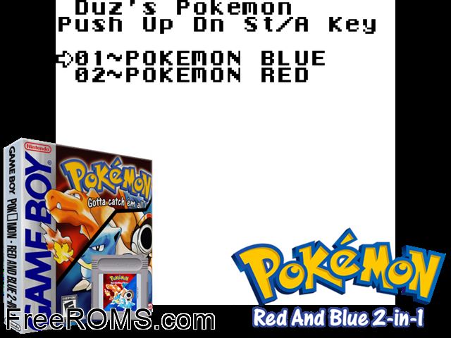 Pokemon Red-Blue 2-In-1 Gameboy Color game showing 3D box cover and gameplay screenshot