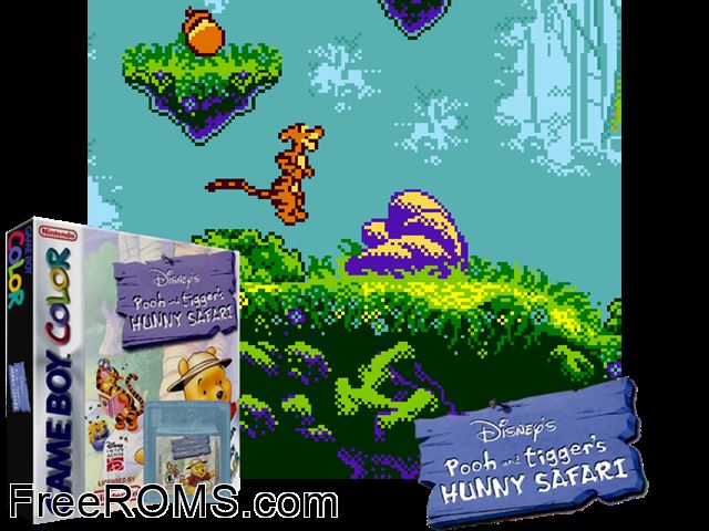 Pooh And Tiggers Hunny Safari Gameboy Color game showing 3D box cover and gameplay screenshot