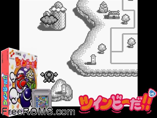 Pop N Twinbee Gameboy Color game showing 3D box cover and gameplay screenshot