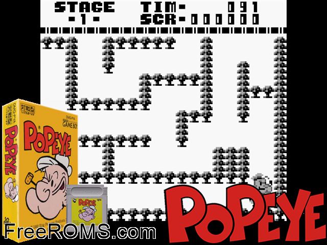 Popeye (Japan) Gameboy Color game showing 3D box cover and gameplay screenshot