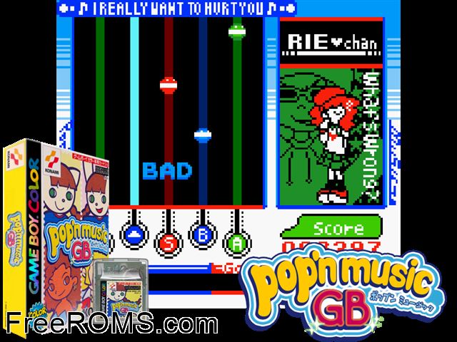 Popn Music Gb (Japan) Gameboy Color game showing 3D box cover and gameplay screenshot