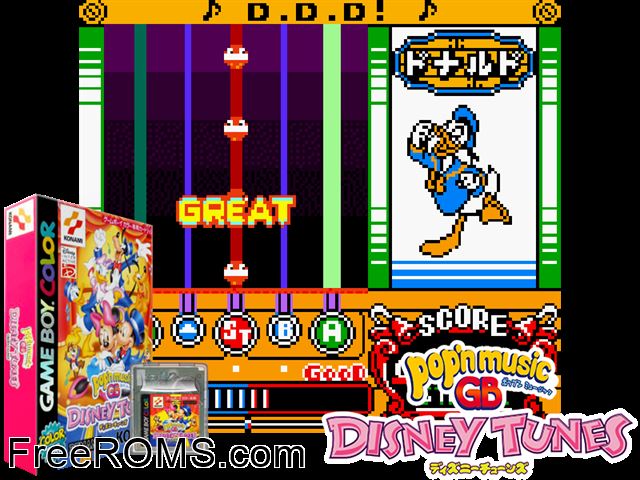 Popn Music Gb - Disney Tunes (Japan) Gameboy Color game showing 3D box cover and gameplay screenshot
