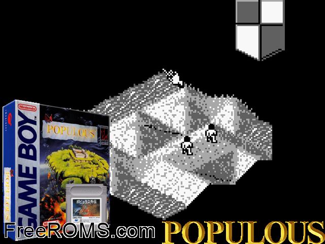 Populous Gameboy Color game showing 3D box cover and gameplay screenshot