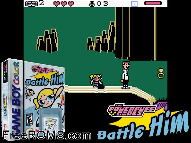 Powerpuff Girls, The - Battle Him Gameboy Color game showing 3D box cover and gameplay screenshot