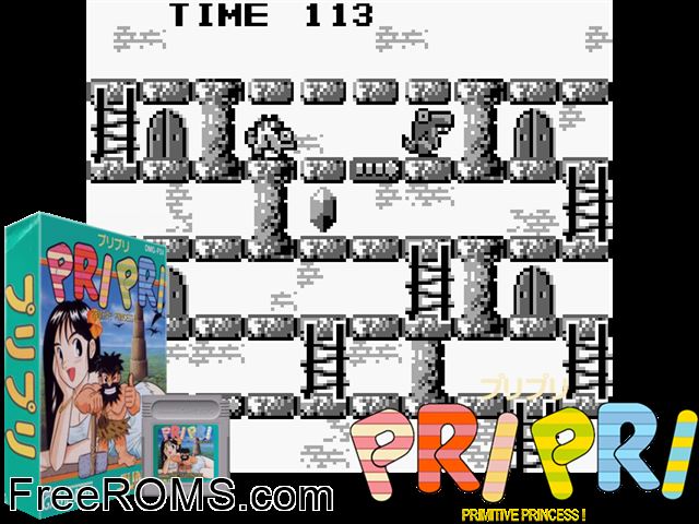 Pri Pri - Primitive Princess! (Japan) Gameboy Color game showing 3D box cover and gameplay screenshot