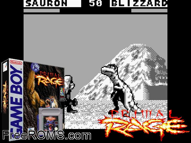 Primal Rage Gameboy Color game showing 3D box cover and gameplay screenshot
