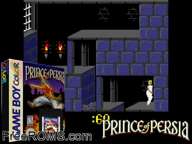 Prince Of Persia Gameboy Color game showing 3D box cover and gameplay screenshot